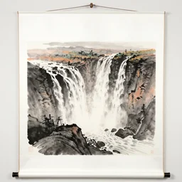 hanging scroll artwork, sumi ink, watercolor, waterfalls on mars