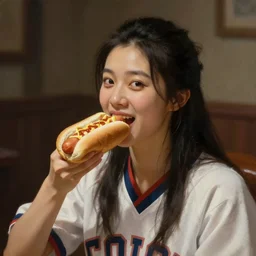 a painting portrait of last airbender in an arsenal jersey eating a hot dog,
