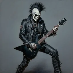 a portrait of the grim reaper as a punk rocker playing an electric guitar, punk, skeleton face, mohawk, dark, fantasy, leather jackets, spiked collars, spiked wristbands, piercings, boots, ultrafine detailed painting by frank frazetta and vito acconci and and takeshi obata, death note style, oil on canvas, symetric body, sharp focus