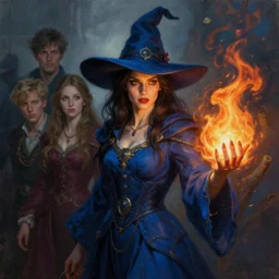 oil matte portrait, witch with dark hair in blue robes and hat fire spell. digital painting, fantasy, concept art, cinematic colors, realistic shaded. by ilya kuvshinov, magali villeneuve, artgerm, greg rutkowski