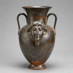 a beautiful, ancient, iron made greek amphora container, museum item, with the face of guillaume briant h 1 0 2 4