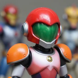 helmet portrait of a figurine of samus aran's varia power suit from the sci - fi nintendo videogame metroid. designed by hiroji kiyotake, gene kohler and rodney brunet. metroid zero mission. metroid prime. glossy. red round helmet, orange shoulder pads, green visor. shallow depth of field. suit of armor.