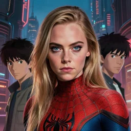 a film still portrait of a cara delevingne in a spider man costume in a cyberpunk city, finely detailed features, closeup at the faces, perfect art, at an ancient city, gapmoe yandere grimdark, trending on pixiv fanbox, painted by greg rutkowski makoto shinkai takashi takeuchi studio ghibli, akihiko yoshida, 4 k