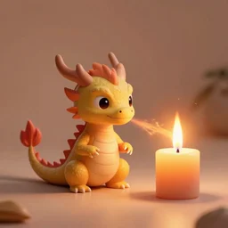 a tiny dragon breathing fire to light a candle on a table, Artstation award winner, warm colors, unreal engine 5 render