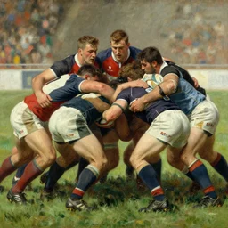handsome rugby players in a scrum painting by gaston bussiere, craig mullins, j. c. leyendecker, tom of finland