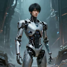 wide shot portrait of a young handsome male japanese cyberpunk android with robot and cyborg parts, artwork by adolph menzel, cinematic lighting, alien production design