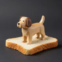 A wooden statuette of a dog on a piece of bread. solid Background.