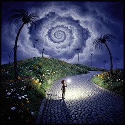 lomography, flash light, curled perspective digital art of spiral clouds cobblestone street with wildflowers top of a hill with spiral palmtrees by anton fadeev from nightmare before christmas. horton hears a who!