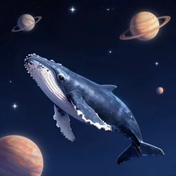 humpback whale in space with planets and stars in the background