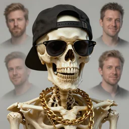 commission portrait of a skeleton wearing sunglasses and a golden chain around the neck and a backwards cap, character design by charles bowater, greg rutkowski, ross tran, hyperdetailed, hyperrealistic, 4 k, deviantart, artstation, professional photography, concept art, art by notchalla