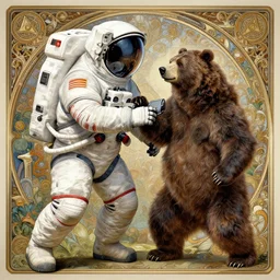 Robot fighting a bear in a astronaut suit, masterpiece, elegant, intricate, highly detailed, digital painting, artstation, concept art, sharp focus, illustration, art by artgerm and greg rutkowski and alphonse mucha