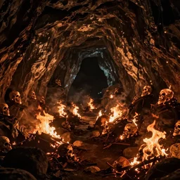 In a large dark cavern many small faces of death in a fire, Trending on artstation