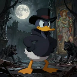 an ultradetailed animation of darkwing duck dressed as the hunter from bloodborne, let's get dangerous, in the style animation of darkwing duck, digital art, dark fantasy, concept art, soulslike, by alphonse mucha, blood moon eclipse, wherewolves in a ruined building in the background, artstation, 8 k, unreal engine render