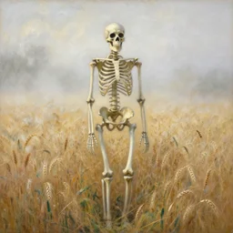 a skeleton standing in a stomry, foggy wheat field in style of pierre - auguste renoir,, fine details,
