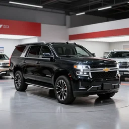 a black suv inspired by a 2 0 2 2 chevrolet suburban and 2 0 2 2 ford expedition parked inside an auto dealership, a digital rendering by the family circus, trending on cg society, regionalism, ue 5, rendered in unreal engine, ultrafine detail