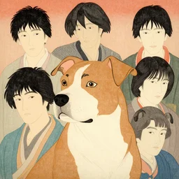 a half upper body portrait of a pitbull by shin hanga and kawanabe kyosai and katsuhiro otomo. ukiyo - e shohei otomo and satoshi kon, and greg rutkowski weta studio and lucasfilm, woodblock print, coherent, behance, global illumination, golden ratio, flat colors, thick black outlined,