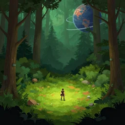 in front of a small clearing in the forest, on an alien planet, from a space themed point and click 2 d graphic adventure game, set design inspired slightly by tomb raider, art inspired by [ [ thomas kinkade ] ] and bill alexander