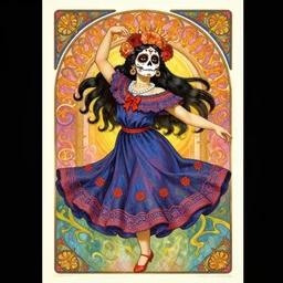 realistic detailed psychedelic poster art of a cute Día de los Muertos girl dancing by Victor Moscoso Rick Griffin Alphonse Mucha Ayami Kojima Amano Charlie Bowater, masterpiece