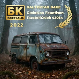 a Old rusty van left in a foggy scary forest with leaves falling out of trees, 4k photography award winning,