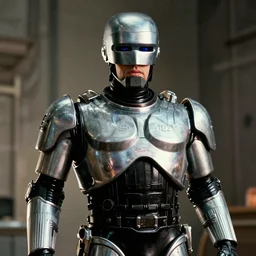 a film poster of robocop with nicolas cage, realism, film grain