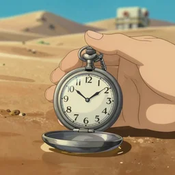 realistic interior shot from howls moving castle ( 2 0 0 4 ) a hand opening a reflective silver pocket watch. flooded desert. cartoon depth of field.