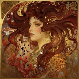 song of the wind of the fractal coral reef, detailed beauty face portrait, chocolate, crimson water, gold. opulent swirling hair, intricate background, armor, art by peter morebacher, greg rutkowski, craig mullins, ruan jia, thomas kinkade, victor ngai, james jean, gustav klimt, alphonse mucha, unreal engine, blender, octane, ray tracing