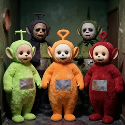 1 9 9 0 teletubbies in the backrooms, animatronics, disturbing, grimace faces, found footage, claustrophobic