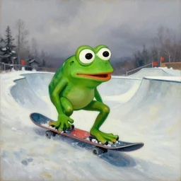 pepe the frog snowboarding in terrain park, gloomy landscape, expressive oil painting by christopher radlund and camille pissaro