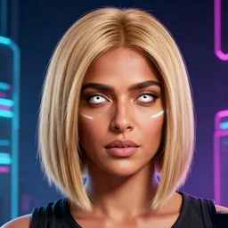 Priyanka Chopra, neon face tattoo, cyberpunk background, straight hairstyle, white eyes, blonde hair, realistic render, short hair, unreal engine render, Icaro Carvalho