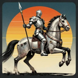 a cybernetic knight holding a lance, riding a cyborg horse, sci fi, retro, illustrated by Richard Powers