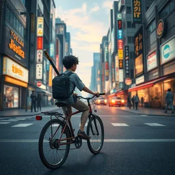 ultra detailed keyart of sci - fy movie, a boy carrying a sword in his back is riding a simple bycycle in the main street of isekai shinjuku
