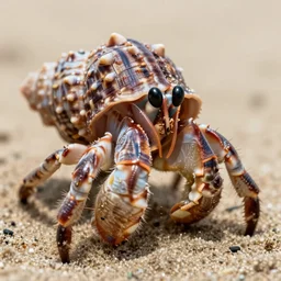 An extreme close up of a large hermit crab in the sand, high DOF, National Geographic, F 1.8, Kodak Portra
