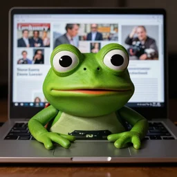 closeup potrait of pepe frog behind a laptop in a dark room, screen light, sharp, detailed face, magazine, press, photo, Steve McCurry, David Lazar, Canon, Nikon, focus