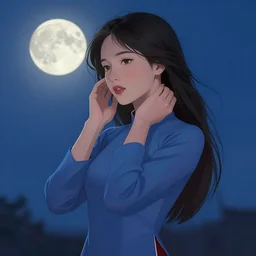 asian female wearing traditional vietnam costume, full moon on the sky, a ultra detailed beautiful panting by ilya kuvshinov, greg rutkowski and makoto shinkai, trending on artstation