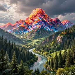 landscape with forest, river and mountains made of all kinds of baloons , concept art, huge scale, high detail, sci fi by James Jean