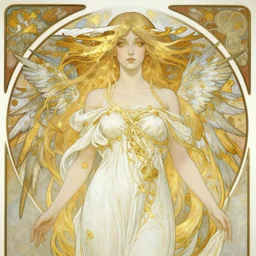 portrait of an ethereal woman with pale hair and gold eyes wearing a flowing white and gold gown surrounded by wing motifs, ilya kuvshinov, greg rutkowski, anime, alphonse mucha, kay nielsen, intricate, digital painting, concept art
