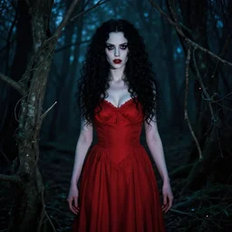 in the style of joshua middleton, full body, pretty alyson hannigan, evil dead demon, evil dead movie, red dress, symmetrical eyes, symmetrical face, long curly black hair, joshua middleton, trees, forest, branches, cinematic lighting, evil dead creature, scary, joshua middleton