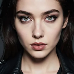 a photograph of a young woman in leather jacket, 9 0 s goth, dof, sharp focus, highly detailed face, symmetric face, realistic iris, cinestill 8 0 0 t, photography by paolo roversi