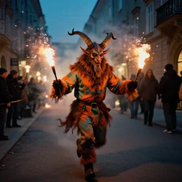 kodak portra 4 0 0, 5 0 0 mm tele lens, award winning dynamic vivid atmospheric photograph of running hazardous krampus, by robert capas, in muted colours, striped orange and teal, motion blur, on a street in salzburg at night with colourful exploding pyro fire and torches, narrow shot