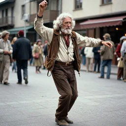 portrait of old hippie dancing in the street, highly detailed photo by helen levitt