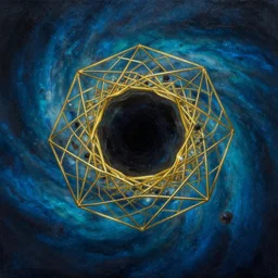 a black hole at the center of a golden wireframe geometric structure, deep blue and dark cyan nebula background, highly detailed artwork, acrylic painting