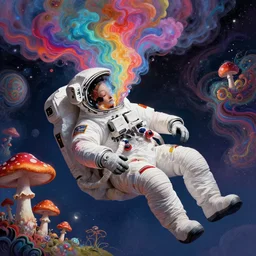 sleeping astronaut floating in space with head bursting into colorful liquid smoke and clouds, an extremely colorful psychedelic experience, warping time and space, magic mushrooms, psilocybin, lsd, face, detailed, intricate, elegant, highly detailed, digital painting, artstation, concept art, smooth, sharp focus, illustration, art by krenz cushart, hana yata, and artem demura and alphonse mucha, octane render, unreal engine, 8 k