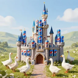 castle made out of Pepsi cans guarded by geese
