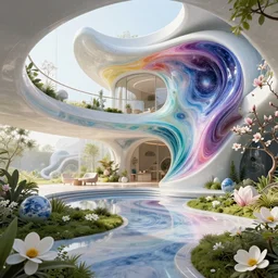 futuristic sharp focus scifi biophilic villa interior with garden, cinematic morning light, magnolia daisies ceramic porcelain stone nebula fluid colorful architecture landscape, highly detailed furniture, granite, trees, marble, moss, lichen, vincent callebaut composition, mamou - mani, cinematic morning light, 8 k, unreal engine, uhd