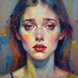 beautiful female sad face, face symmetry, nice pose, rule of thirds, eye symmetry, colourful oil paint splatters, expressive, abstract art, by greg rutkowski, by jeremy mann, by francoise nielly, 4 k, 8 k, correct body proportion, cinematic color style, sad face
