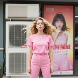 a girl in pink clothes with blonde hair blowing on the wind standing in front of air conditioner, advertisement