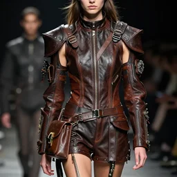 character front view of a young woman wearing a leather outfit with straps and padding and satchels and bags and holsters and decorations,!!! haute couture!!!, elaborate, intricate, in the style of craig mullins and jeremy mann and ashley wood, dramatic lighting, octane render, character concept, fashion shoot, sharp focus