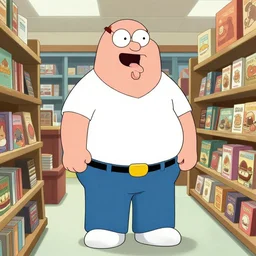 realistic peter griffin standing in a video store in 2 0 0 2.