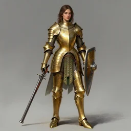 full body portrait of a female italian warrior medium length brown hair and a very highly detailed face wearing elegant golden plate mail armor with green and white accents, holding a tower shield and a long flintlock pistol, highly detailed, digital fantasy painting, artstation, character concept art, sharp focus, illustration, art by artgerm and greg rutkowski and alphonse mucha