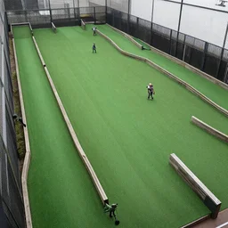 overhead view, surveillance, emptied minigolf course with some zombies moving around on the floor,